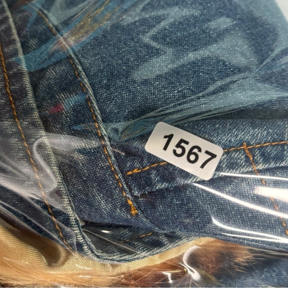 Y2K Berek Denim Faux Cheetah Fur Collar Embellished Jean Jacket Size Small - Picture 13 of 13